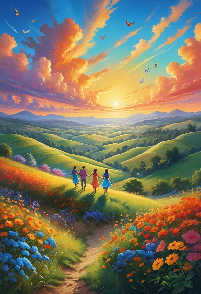 A vibrant landscape depicting a glowing sunrise over rolling hills, symbolizing new beginnings. In the foreground, a diverse group of people joyfully dancing and celebrating life, with bright colors radiating happiness. Soft clouds float in a clear blue sky, enhancing the sense of freedom. Elements of nature like flowers and butterflies add to the theme of euphoria. bright colors. surreal style. energetic composition.