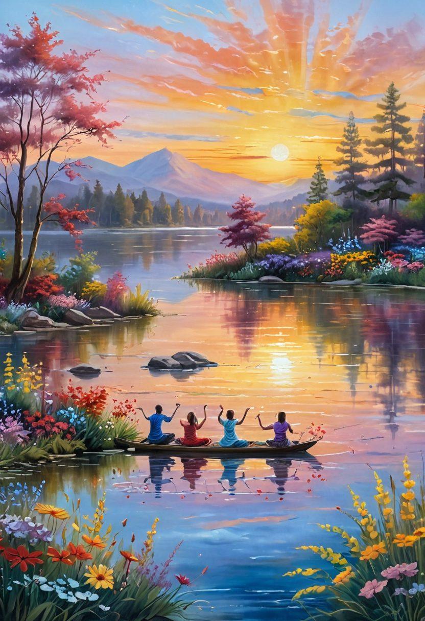 A serene landscape with a sunrise over a peaceful lake, symbolizing new beginnings and joy. In the foreground, diverse people engage in joyful activities such as dancing, meditating, and laughing, radiating happiness. Flowers bloom vibrantly around them, enhancing the feeling of elation. Soft pastel colors create a calming yet uplifting atmosphere. impressionistic painting. vibrant colors.